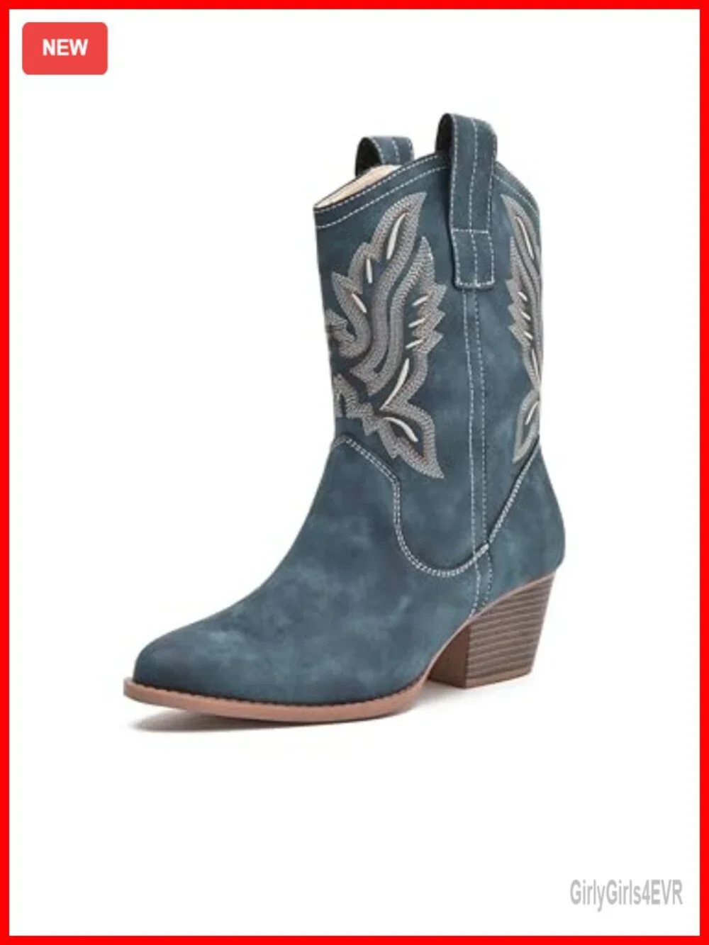 Women's Western Cowgirl Ankle Booties Embroidered Suede Low Chunky Heel Boot
